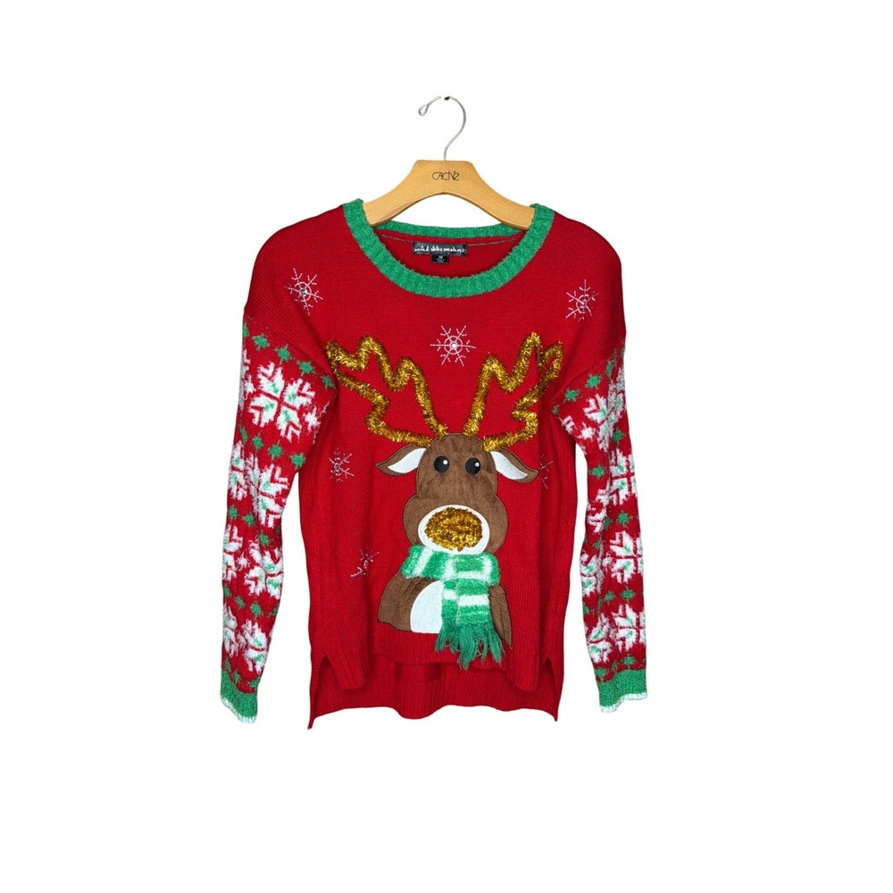 United States Sweaters Red Reindeer Ugly Christmas Sweater Tinsel Antlers Medium